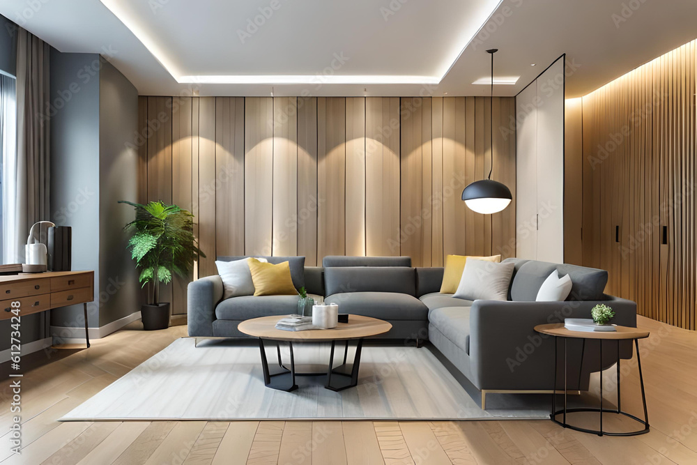 Fototapeta premium Interior of Living Room Modern style with Grey fabric sofa, Wooden side table, and white ceiling lamp on Wooden floor, Generative AI