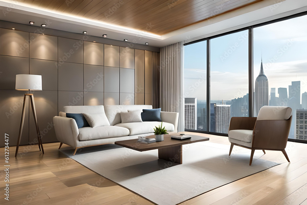 Fototapeta premium Interior of Living Room Modern style with Grey fabric sofa, Wooden side table, and white ceiling lamp on Wooden floor, Generative AI