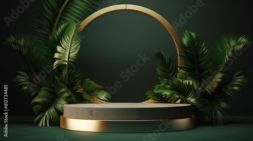 Podium for sale product promo 3d render tropical balck green and gold