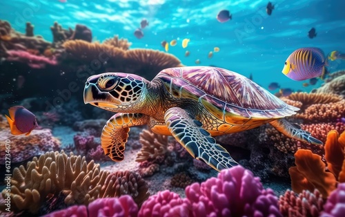 Turtle swimming under the sea with corals. Generative AI.