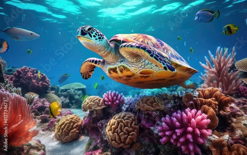 Turtle swimming under the sea with corals. Generative AI. © hugo