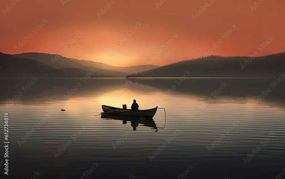 Boat on lake in the foggy landscape with the mountains. Generative AI.