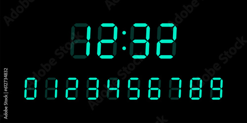 Blue digital glowing numbers for Lcd electronic devices screen isolated on black background. Vector Clock, timer concept.