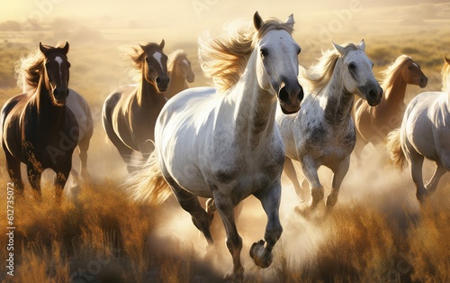 Horses running in the meadow at the sunset lighting. Generative AI. © hugo