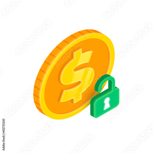Unlock money 3D icon. Vector Isometric gold dollar coin with unlocked padlock. Unlock money secret icon, financial opportunity symbol. Make money access, money protection sign for web, app, advert