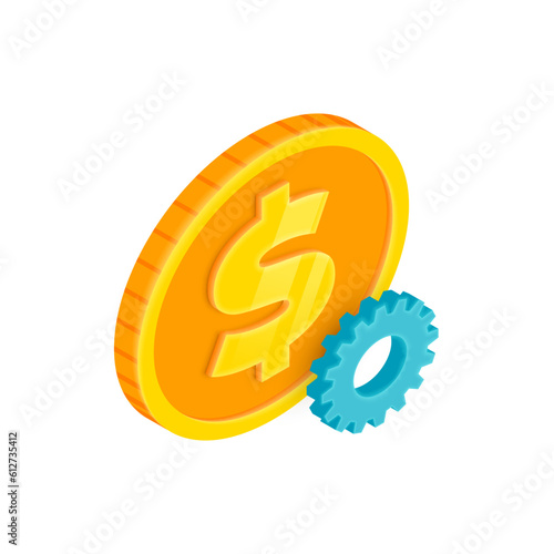 Payment Settings 3D icon. Vector Isometric gold dollar coin with gear sign. Money settings, transaction options symbol. Currency Optimization, money transfer settings. For web, app, ad