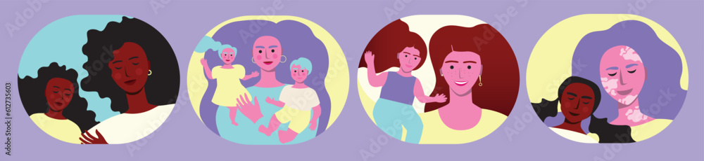 flat vector stock illustration, Diverse mom and daughter or son, different ethnic group, set or collection isolated flat vector stock illustration, Diverse mom and daughter or son, different ethnic group, set or collection isolated