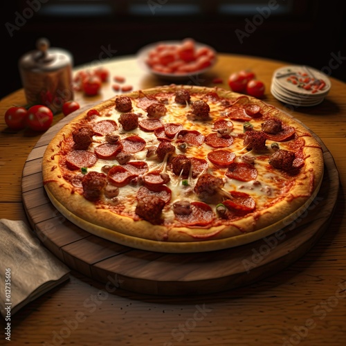 delicious whole italian pizza on a wooden table with ingredients. traditional italian food. generative ai