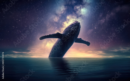 Flying whale on the galaxy stars sky. Generative AI. © hugo