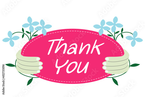 Banner, thank you, white letters, pink background. Watercolor painting with flowers and fingers