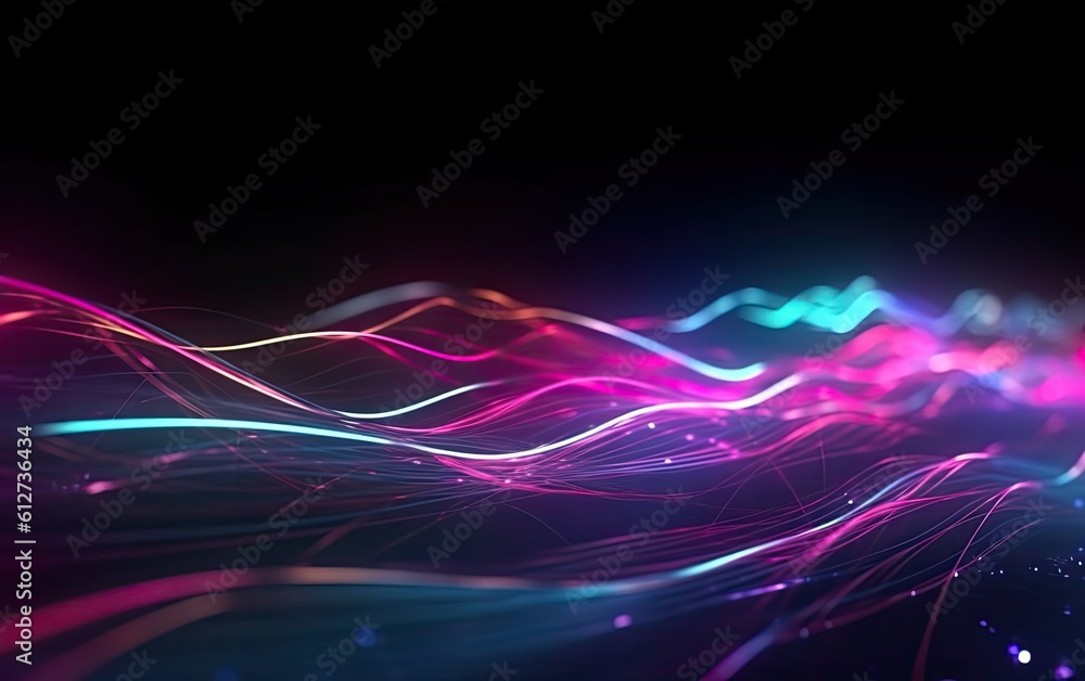 Fototapeta premium Abstract glowing curve lines in neon light magenta and blue. Generative AI.