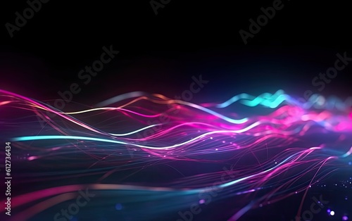 Abstract glowing curve lines in neon light magenta and blue. Generative AI.