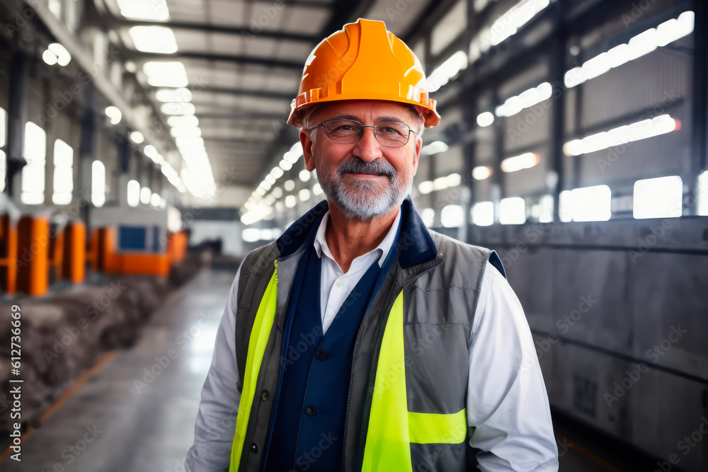 Digital portrait of a senior successful confident industrial engineer standing in Heavy Industry manufacturing. Concept of active age. Generative AI Digital portrait of a senior successful confident industrial engineer standing in Heavy Industry manufacturing. Concept of active age. Generative AI