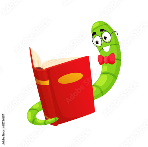 Cartoon bookworm character, book worm animal reading book with great interest, lost in the captivating story and the magic of the written word. Isolated vector cute student or librarian caterpillar