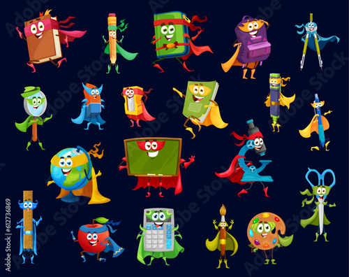 Cartoon school stationery superhero characters. Superhero vector textbook, pencil case, pen, bag and compass. Glass, eraser and sharpener, marker and globe, ruler, apple, calculator and scissors