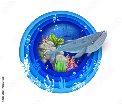 Cartoon sea paper cut of underwater landscape with whale, vector papercut poster. Undersea landscape in paper cut with coral reef fishes in ocean water and bubbles, seaweeds and underwater world