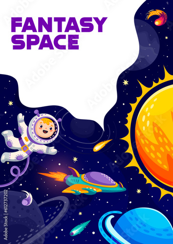 Cartoon space poster with kid astronaut, sun, planets and spaceship. Outerspace adventure, cosmos discovery vector poster with boy in spacesuit, future spaceship, solar system planets and comets © Vector Tradition