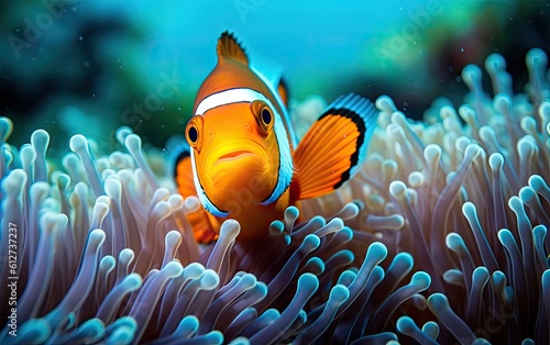 Ocellaris clownfish swim on the coral deep in the sea. Generative AI.