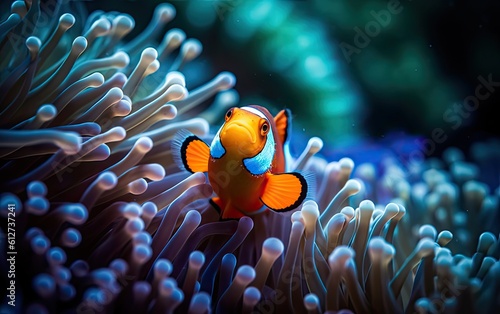 Ocellaris clownfish swim on the coral deep in the sea. Generative AI. © hugo