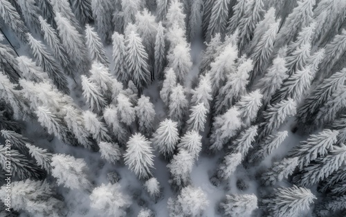 Ariel view of the snow covered branches of pine. Generative AI.