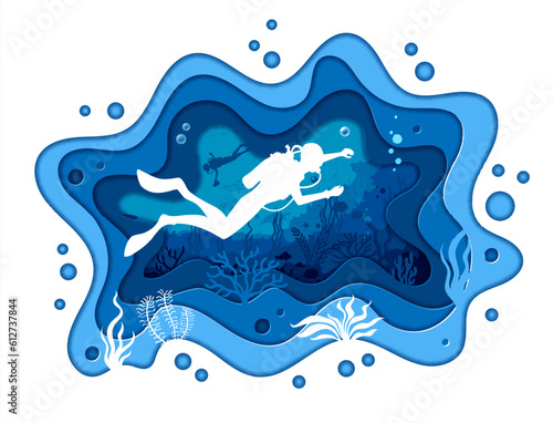 Scuba diving. Diver silhouettes and sea underwater paper cut landscape with vector fish, seaweeds, blue water waves and bubbles. 3d papercut layered frame with ocean underwater world, marine animals