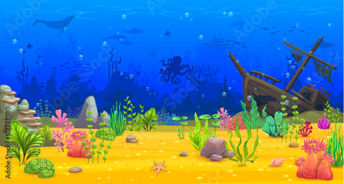 Cartoon underwater landscape, game level. Sea world scene, ocean deep wildlife or coral reef seascape vector background. Underwater animal and plants background with sunken ship, ocean bottom seaweeds