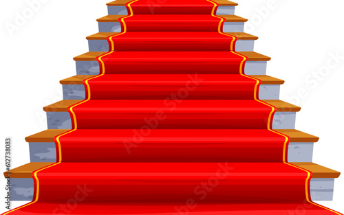 Castle and palace staircase. Wooden stair with red carpet. Museum hallway stone stairway, royal palace marble staircase or theater interior element, fantasy ballroom isolated vector ladder with carpet
