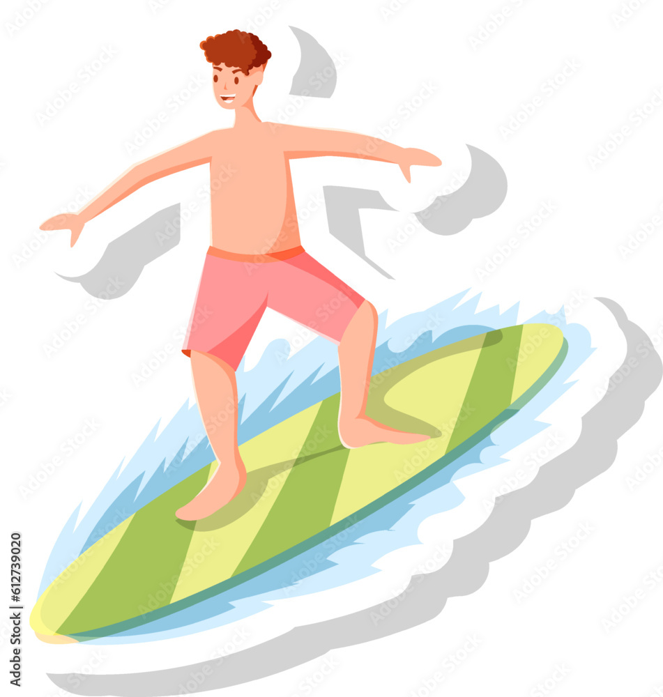 Boy Surfing Sticker Vector Illustration