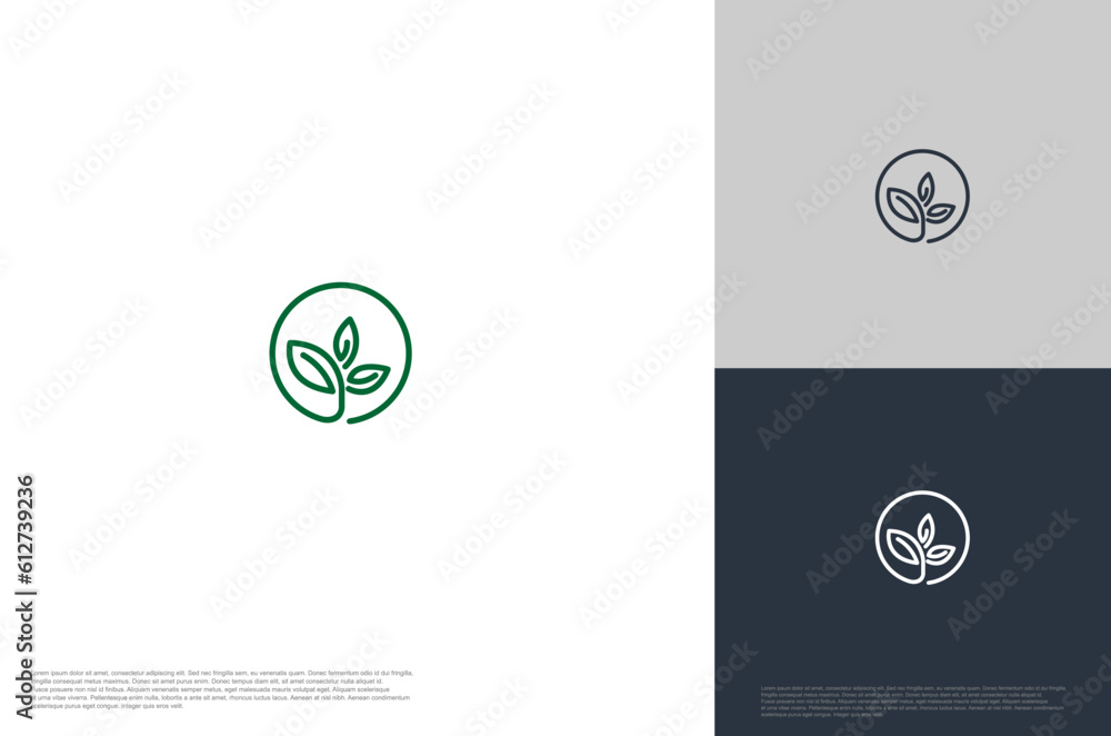 leaf and Tree logo in circle shape line art vector logo template