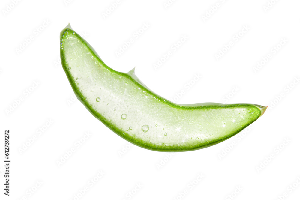 Slice, a piece of green fresh aloe vera. On a white background. Slice, a piece of green fresh aloe vera. On a white background.