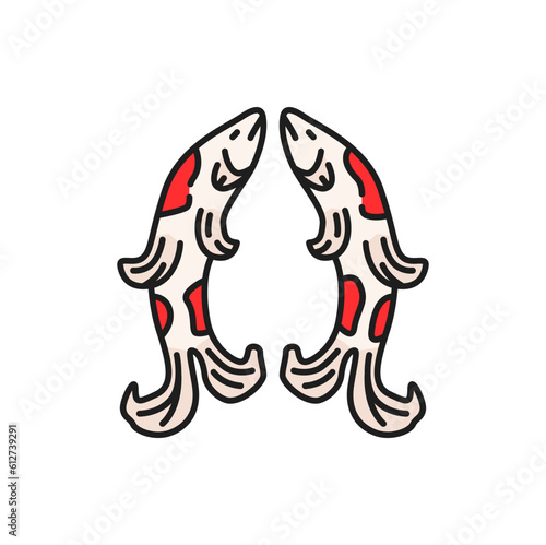 Fish prana and carp buddhism religion color outline icon. Vector retro symbol of Buddhism, carp fish symbolize auspiciousness, Ganges and Yamuna nadi sign