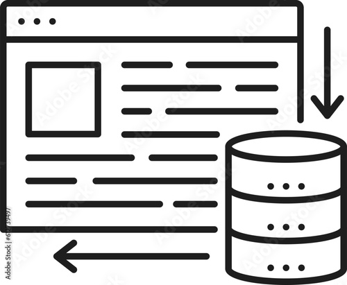 Caching. CDN. Content delivery network icon, blog portal content delivery and backup server, web media data publishing system, CDN outline vector symbol or icon with web page and data storage device