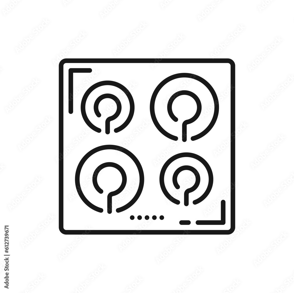 Induction stove with four burners isolated outline icon. Vector kitchen utensil, electric cooking appliance, tableware or cookware item Induction stove with four burners isolated outline icon. Vector kitchen utensil, electric cooking appliance, tableware or cookware item