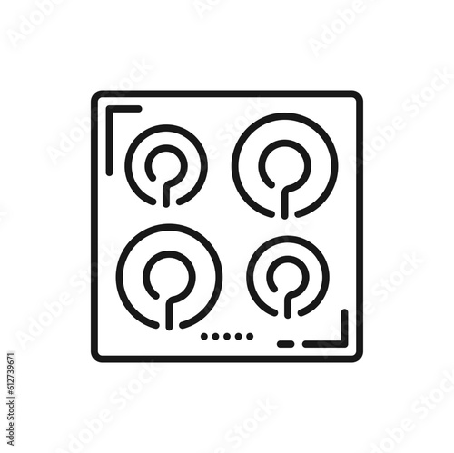 Induction stove with four burners isolated outline icon. Vector kitchen utensil, electric cooking appliance, tableware or cookware item