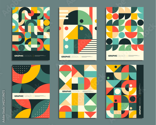 Bauhaus posters with geometric abstract patterns of vector circle, square, triangle and dot shapes. Retro simple color geometry backgrounds set for modern wall arts, cards and covers
