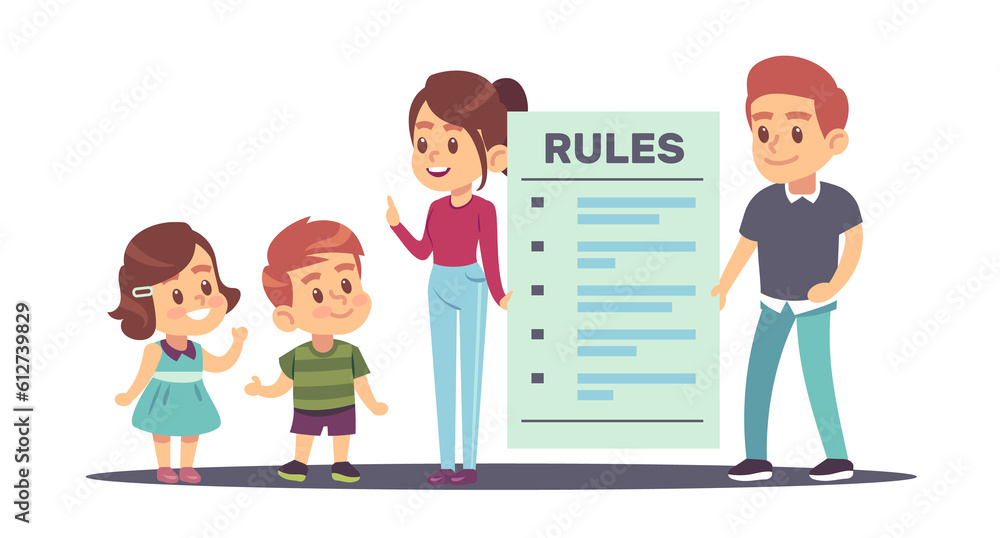 Family rules, mother and father tell son and daughter about rules in home. Huge checklist, little brother and sister, parenthood and relationships. Cartoon flat isolated png concept Family rules, mother and father tell son and daughter about rules in home. Huge checklist, little brother and sister, parenthood and relationships. Cartoon flat isolated png concept