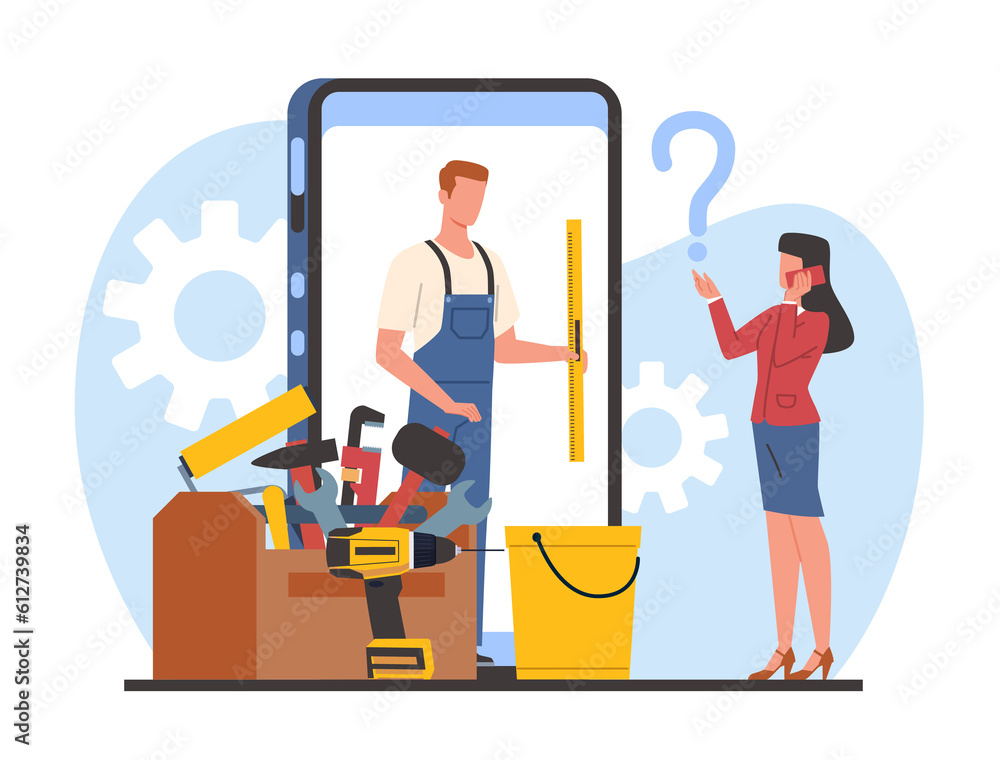 Calling repairman, foreman or husband for hour. Man with tools on smartphone screen. Mechanic or contractor character, hammer and saw in box. Cartoon flat style isolated png concept