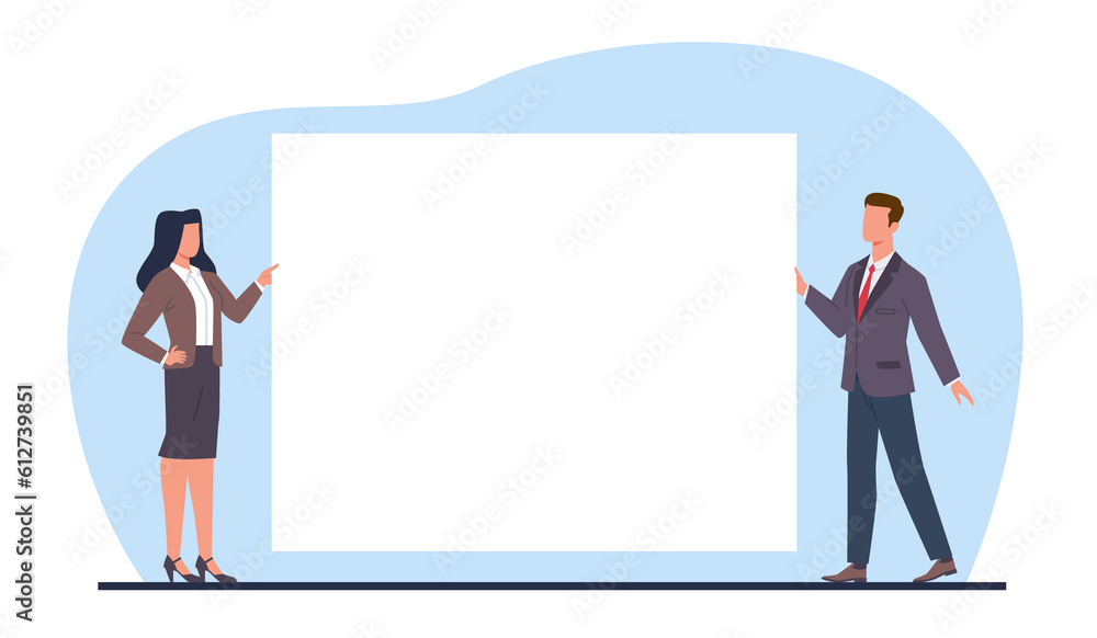 Businessman holding white placard. Woman and man in office suit stand and hold poster. Billboard in hands. Empty space for text. Sheet or document. Cartoon flat isolated png concept Businessman holding white placard. Woman and man in office suit stand and hold poster. Billboard in hands. Empty space for text. Sheet or document. Cartoon flat isolated png concept