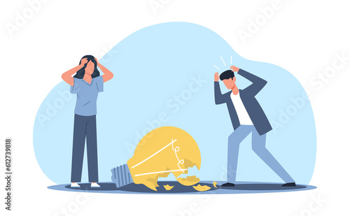 Broken light bulb as symbol of collapse of an idea, failure and hardship. Unsuccessful business brainstorming. Inspiration crisis. Sad man and woman cartoon flat illustration. png concept photo