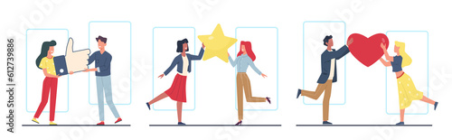 Online networking, men and women sharing likes, stars and hearts. Social media communication. People on smartphone screen. Rating post and photo. Cartoon flat isolated png concept