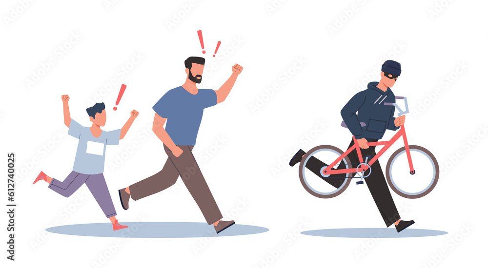 Perpetrator steals childs bicycle, thief runs away with stolen goods from father and son. man carrying vehicle, Criminal scene, bike theft, law break cartoon flat isolated png crime concept