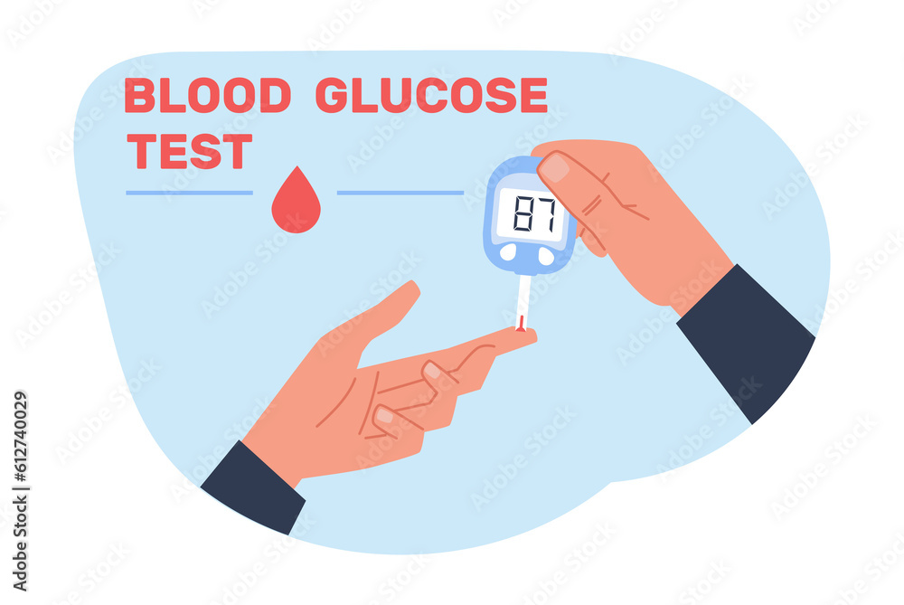 Fototapeta premium Person with diabetes does blood sugar test with glucose meter. Hypoglycemia or hyperglycemia, healthcare technology, monitoring equipment for diabetic. Cartoon flat style png concept