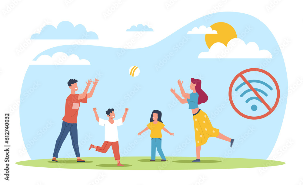 Time without digital devices, family spends time playing ball in nature. Digital detox, parenthood and relationships. Offline time. Wifi sign. Cartoon flat style isolated png concept