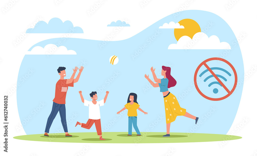 Time without digital devices, family spends time playing ball in nature. Digital detox, parenthood and relationships. Offline time. Wifi sign. Cartoon flat style isolated png concept Time without digital devices, family spends time playing ball in nature. Digital detox, parenthood and relationships. Offline time. Wifi sign. Cartoon flat style isolated png concept