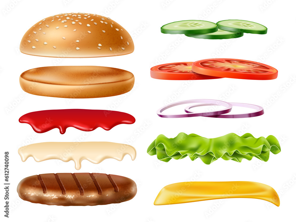 Realistic burger ingredients kit. Isolated 3d wheat bun with sesame seeds, ketchup, mayonnaise, vegetables and meat patty, onion and cheese, delicious fast food constructor utter png set Realistic burger ingredients kit. Isolated 3d wheat bun with sesame seeds, ketchup, mayonnaise, vegetables and meat patty, onion and cheese, delicious fast food constructor utter png set
