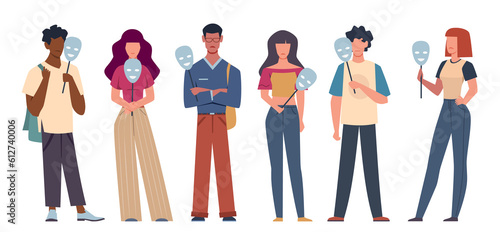 Men and women hiding their faces behind social masks with fake positive, joyful emotions and feelings. Psychology and mental health. False identity cartoon flat style isolated png set