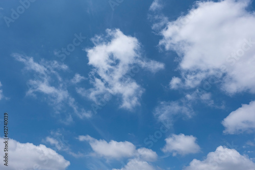 Fototapeta Naklejka Na Ścianę i Meble -  夏、梅雨明け、さわやかな晴天の青空と折り重なったふわふわの積乱雲の背景　夏休み・天気・アウトドア・旅行・バカンスのイメージ