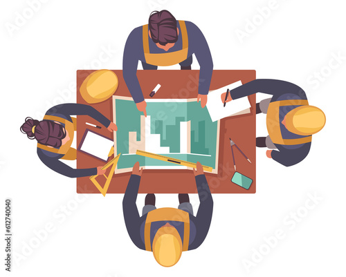 Team of young architects and builders discussing building project, top view people. professional conduction workers teamwork, engineer and designer cartoon flat isolated png concept