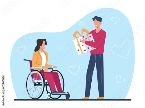 Young man gives gift to woman in wheelchair. Disabled people celebrate birthday party, volunteer boy congratulate girl with surprise present. Cartoon flat style isolated png concept
