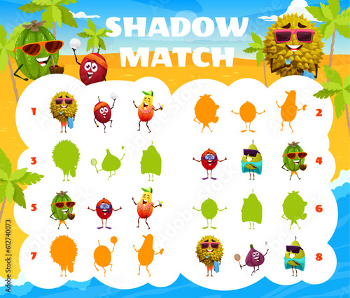 Shadow match game, cartoon fruits characters on summer beach, vector quiz puzzle. Find correct shadow, kids quiz game with cartoon funny papaya, lychee and fig, durian and feijoa at sea beach